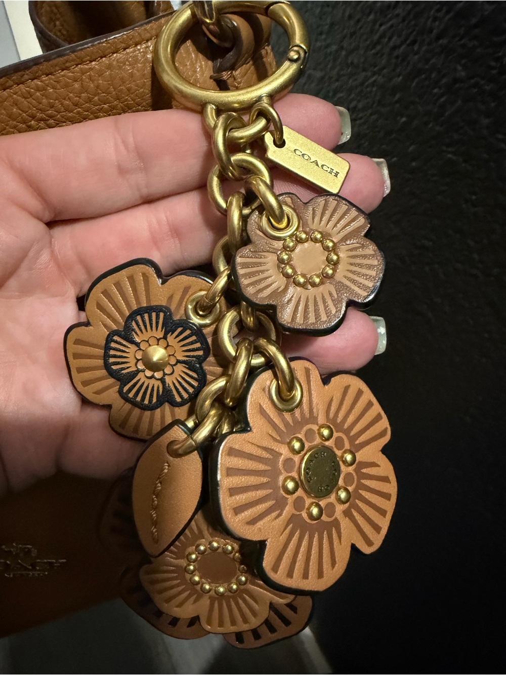 Coach Tan Pebbled Leather Shoulder Bag with Floral Charm - Picture 14 of 16